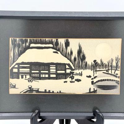 woodblock print titled "Village House" (雪の一軒屋) by Japanese artist Gihachiro Okuyama