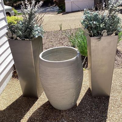 Two Tall Metal Planters, One Large Composite Planter