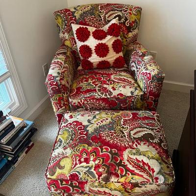 Beautiful Red Paisley Upholstered Chair W/ottoman