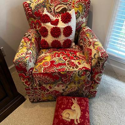 Red Paisley Upholstered Chair & Bunny Stool