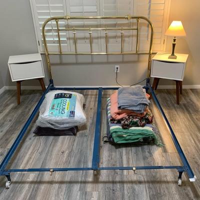 Bed Frame, Side Tables, Lamp And Blankets
