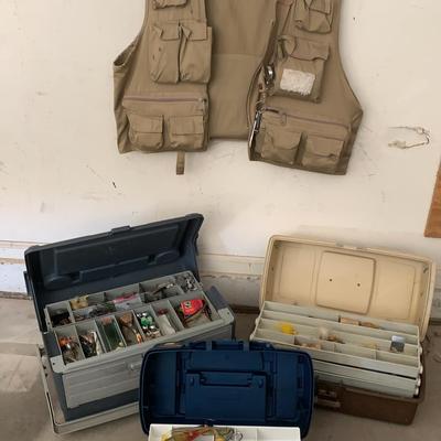 Three Fishing Tackle Boxes And Fishing Vest