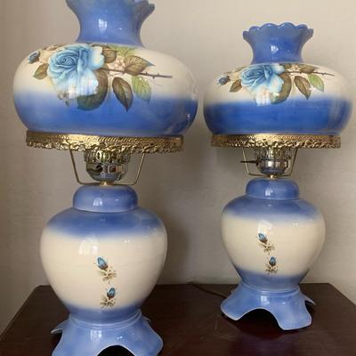 Vintage 23in Blue Rose Ceramic Lamp Set