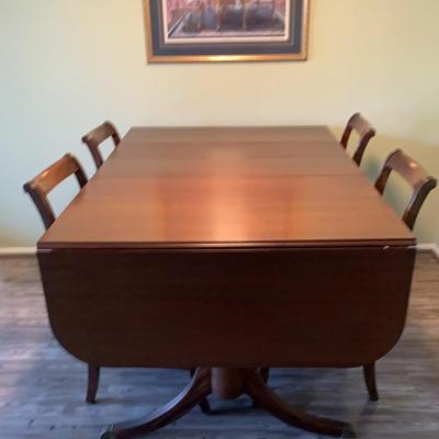1940s Duncan Phyfe Mahogany Drop Leaf Table, Chairs