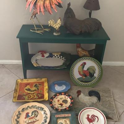 Rooster Collectibles With Green Bench