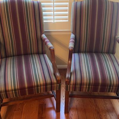 Pair of Striped Upholstered Wooden Armchairs