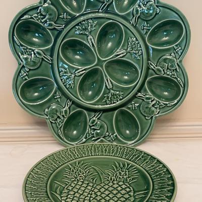 Two Bordallo Pinheiro Green Portuguese Glazed Ceramic Dishes