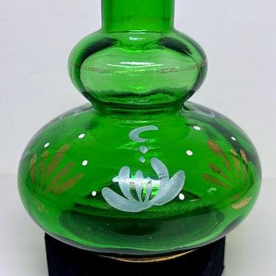 Vintage Hand Painted Green Glass Vase 