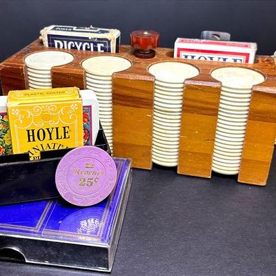 Vintage Wooden Poker Chips Caddy and Playing Cards