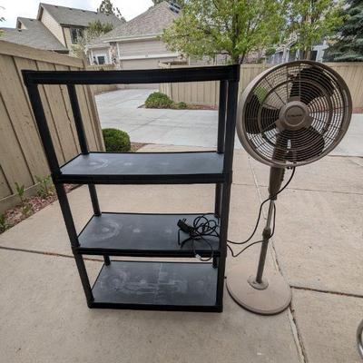 Lot #213 - Black Plastic Shelving Unit and Pedestal Outdoor Misting Fan
