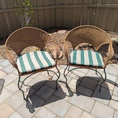 Lot #203 - Wicker & Wrought Iron Patio Chairs With Cushions