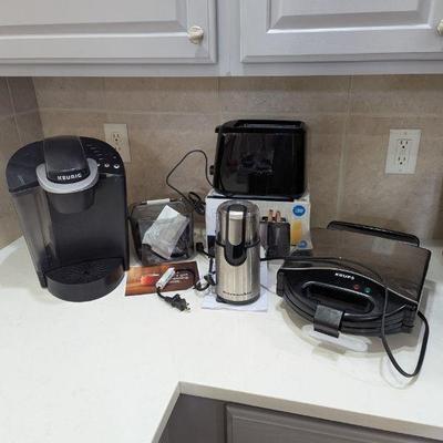Lot #37 - Breakfast Appliances Lot: Keurig Coffee Maker, KitchenAid Coffee Grinder, Toaster, Waffle Maker