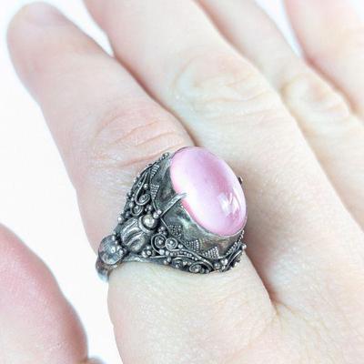Lot #77 - Vintage Silver Ring with Pink Chrysoberyl Cats Eye Cabochon