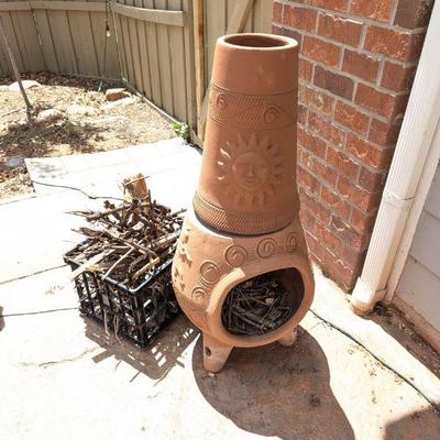 Lot #205 - Terracotta Chiminea With Basket of Kindling