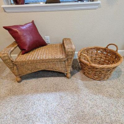 Lot #153 - Vintage Wicker Seat With Pillow, and Basket Set