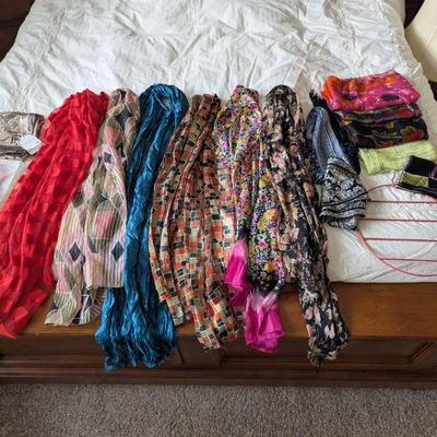 Lot #69 - Lightweight Scarf Lot Including Silk, Plus Scarf Hanger.