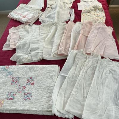 Lot If Vintage Baby Clothes, Quilt And Bedding