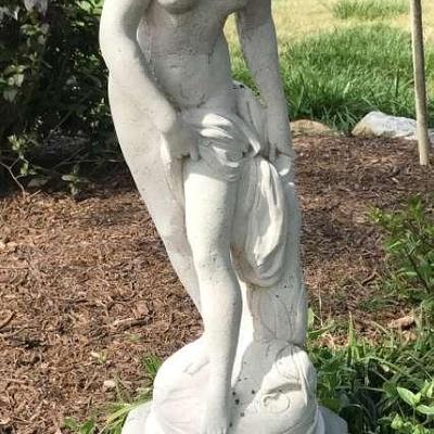 Concrete Lady Garden Statue On Concrete Base