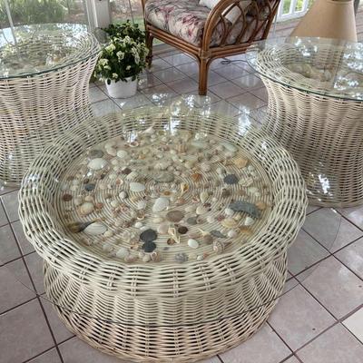 Wicker Glass Top Coffee And End Tables Set