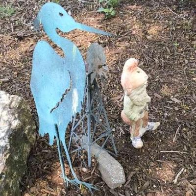 Assorted Yard Art Including Heron And Garden Gnome