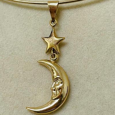 14K Gold Moon and Star Pendant
