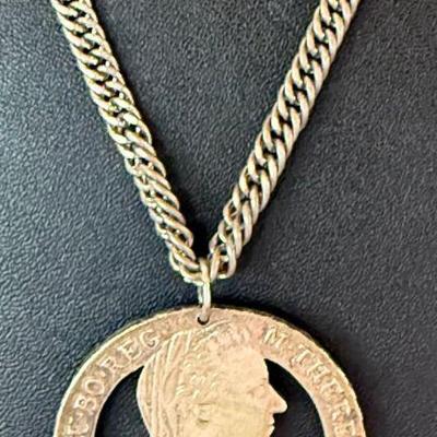 Antique Electorate Of Saxony Thaler Cut Out Coin Pendant  With Heavy 20 Inch Korea Silver Tone Chain