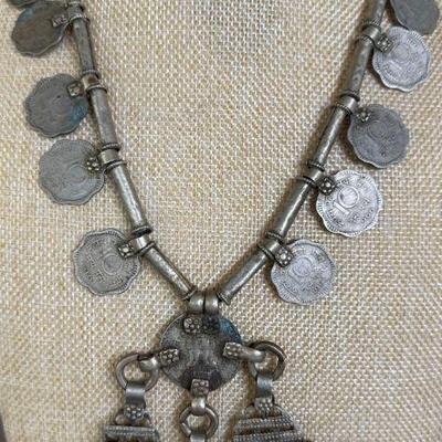 Vintage 1950's Silver India Rupee Coin Tribal 20 Inch Necklace With 4.5 Inch Pendant & Leather Necklace 