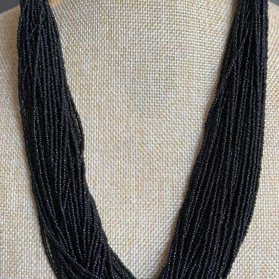 Vintage Black 56 Strand Black Seed Bead 20 Inch Necklace With Gold Tone Clasp