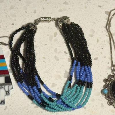 Vintage Stone Overlay Native American Earrings - Seed Bead Bracelet - Sterling Silver Onyx 18 Inch Necklace