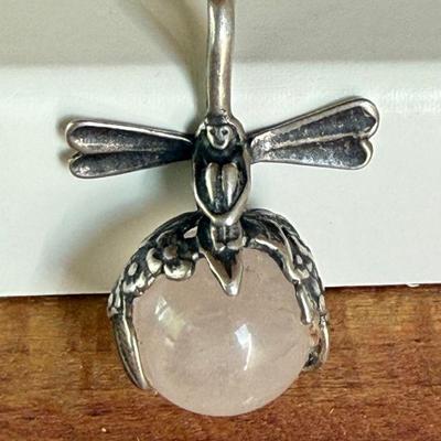 Vintage Sterling Silver Fairy W Pink Quartz Ball Pendant  5.03 Grams