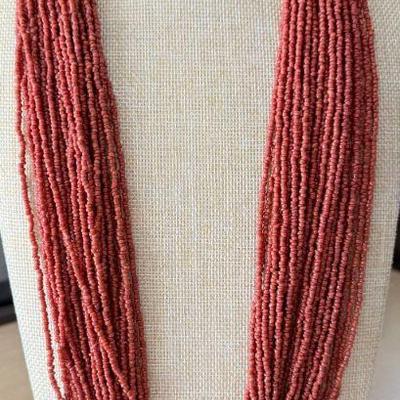 Native American Oxblood Coral Bead 30 Strand 34 Inch Necklace Sterling Silver Clasp 
