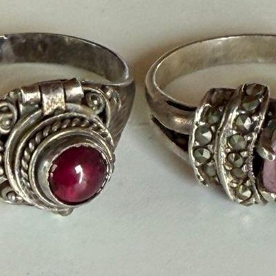 (2) Sterling Silver Rings (1) Garnet Poison Ring Size 8.25 & Amethyst And Marcasite Size 6.25  