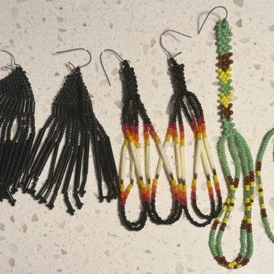 (3) Pairs Of Native American Seed Bead And Quill Earrings