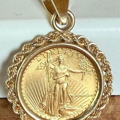 .999 Fine Gold 5 Dollar Coin In 14K Gold Coin Pendant Holder - Total Weight 5.37 Grams 