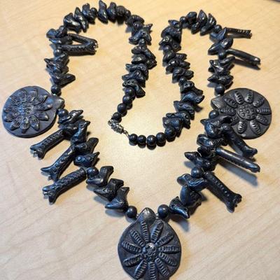 Vintage Oaxaco Black Clay Bird, Fish  & (3) Flower Pendant 30 Inch Necklace 