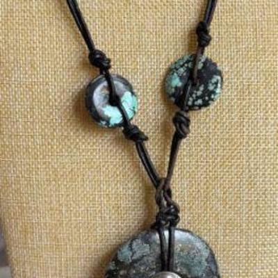 Vintage Turquoise - Indian Head Nickel And Silver Leaf Pendant Necklace 