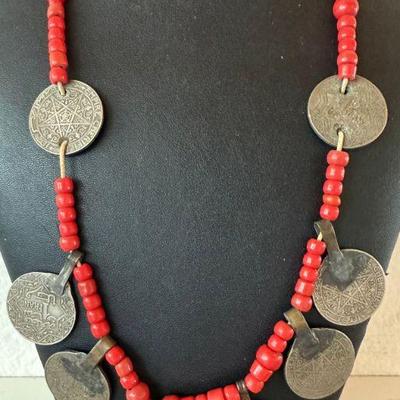 Antique 1920's 1 Franc Coin And Red Trade Bead African 24 Inch Necklace 