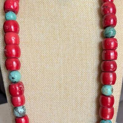 Large Native Coral Bead And Turquoise Sterling Silver Bead 32 Inch Necklace 
