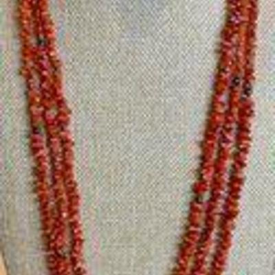 Gorgeous Navajo Triple Strand Hand Strung 32 Inch Coral And Sterling Silver Necklace 