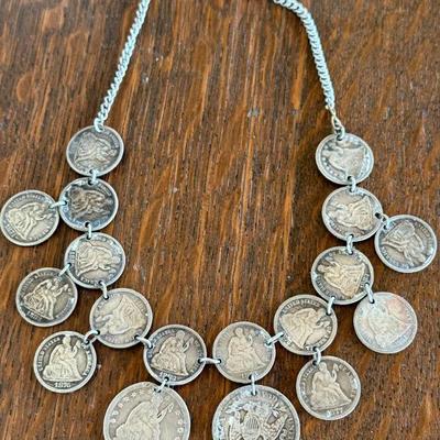 Antique Family Tree Silver Antique 18 Coin 1863 - 1883 Love Token  Necklace (as Is ) 