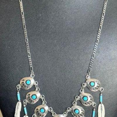 Native American Silver Hawk Sterling Silver & Turquoise Necklace & Earrings - Carved Bison Bone Feathers 
