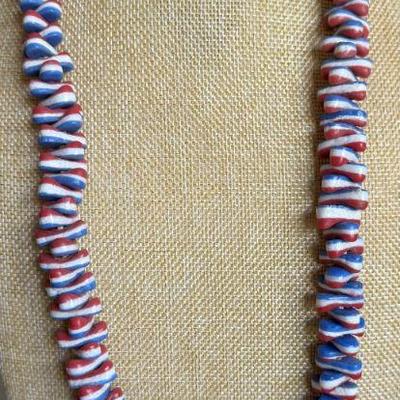 Vintage African Trade Beads Red White & Blue 30 Inch Necklace 