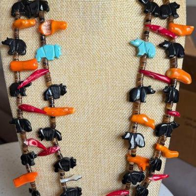 Stunning Vintage Zuni Carved Stone Fetish Double Strand 32 Inch Necklace Red & Orange Branch Coral Heishi Bead