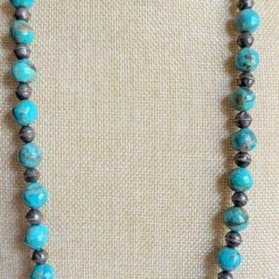 Old Pawn Navajo Sterling Silver Pearl Bench Bead And Turquoise 32 Inch Necklace 