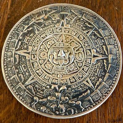 Huge Vintage Sterling Silver Mexico Aztec Calendar Sun Stone Pin Pendant - Total Weight 43.61 Grams 