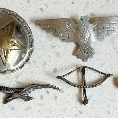Sterling Silver Eagle Pin, Bow & Arrow  & Cross Pin -  Silver Tone Star Pin - JJ Thunderbird Pin 