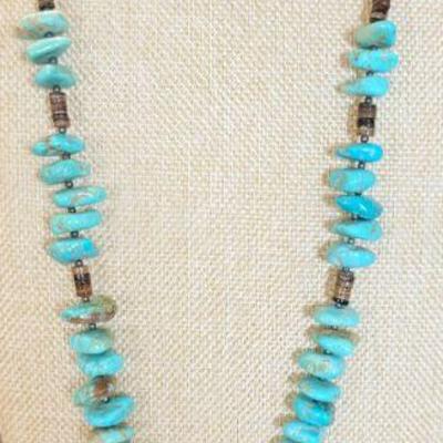Vintage Santa Domingo Native American 5 Inch MOP Shell - Heishi & Turquoise Sterling Silver 28 Inch  Necklace 