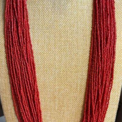 Vintage Red Coral Bead 30 Strand 30 Inch Necklace With Silver Tone Clasp 