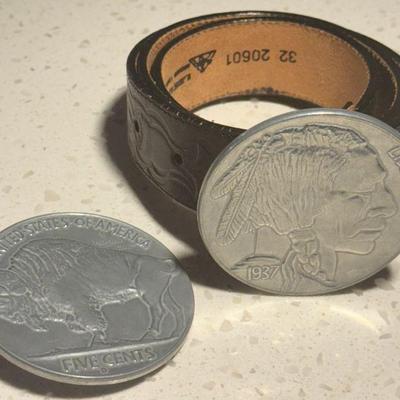 Genuine Leather 32 Inch Belt With (2) Large Indian Head Nickel Silver Tone Belt Buckles