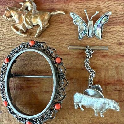 Vintage 800 Silver Cabachon Pendant - Vintage Brass Cowboy - Abalone Butterfly Pendant & Sterling Silver Cow 